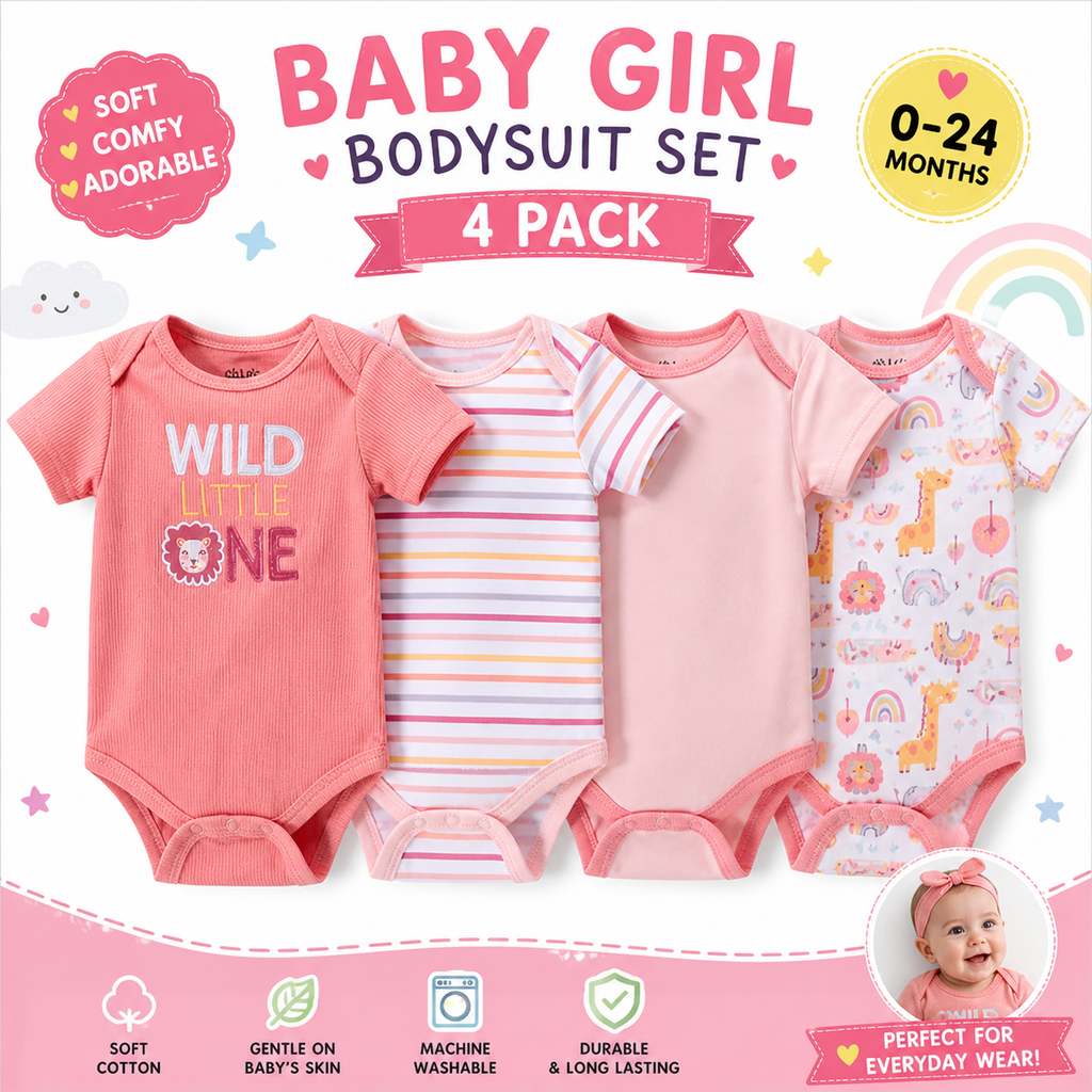 Baby Girl Bodysuit 4 Pack Cotton Soft Onesie Infant 3-9 Months Cute Outfit Set