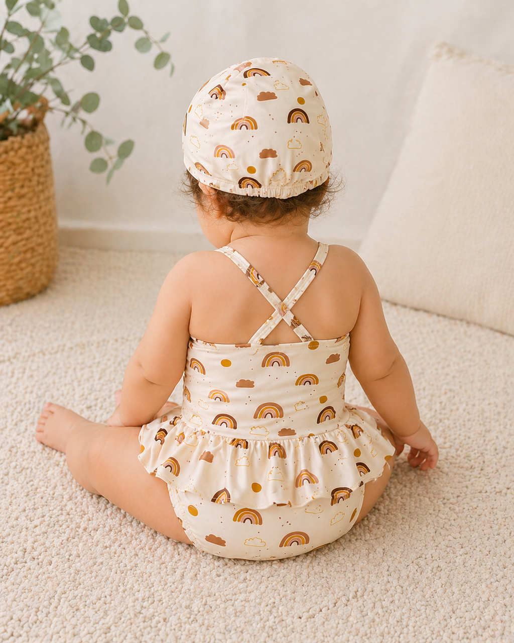 Baby Girl Swimsuit 2PCS Set with Hat – Ruffle One Piece Rainbow & Floral Print (0-24M)