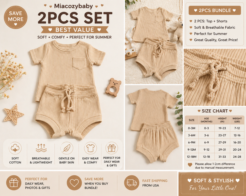 Unisex Baby Summer Outfit Set – Cotton Ribbed Top & Shorts (3-6M) – Beige