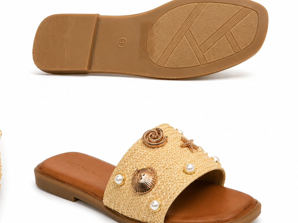 Wild Diva Seashell Pearl Raffia Slide Sandals