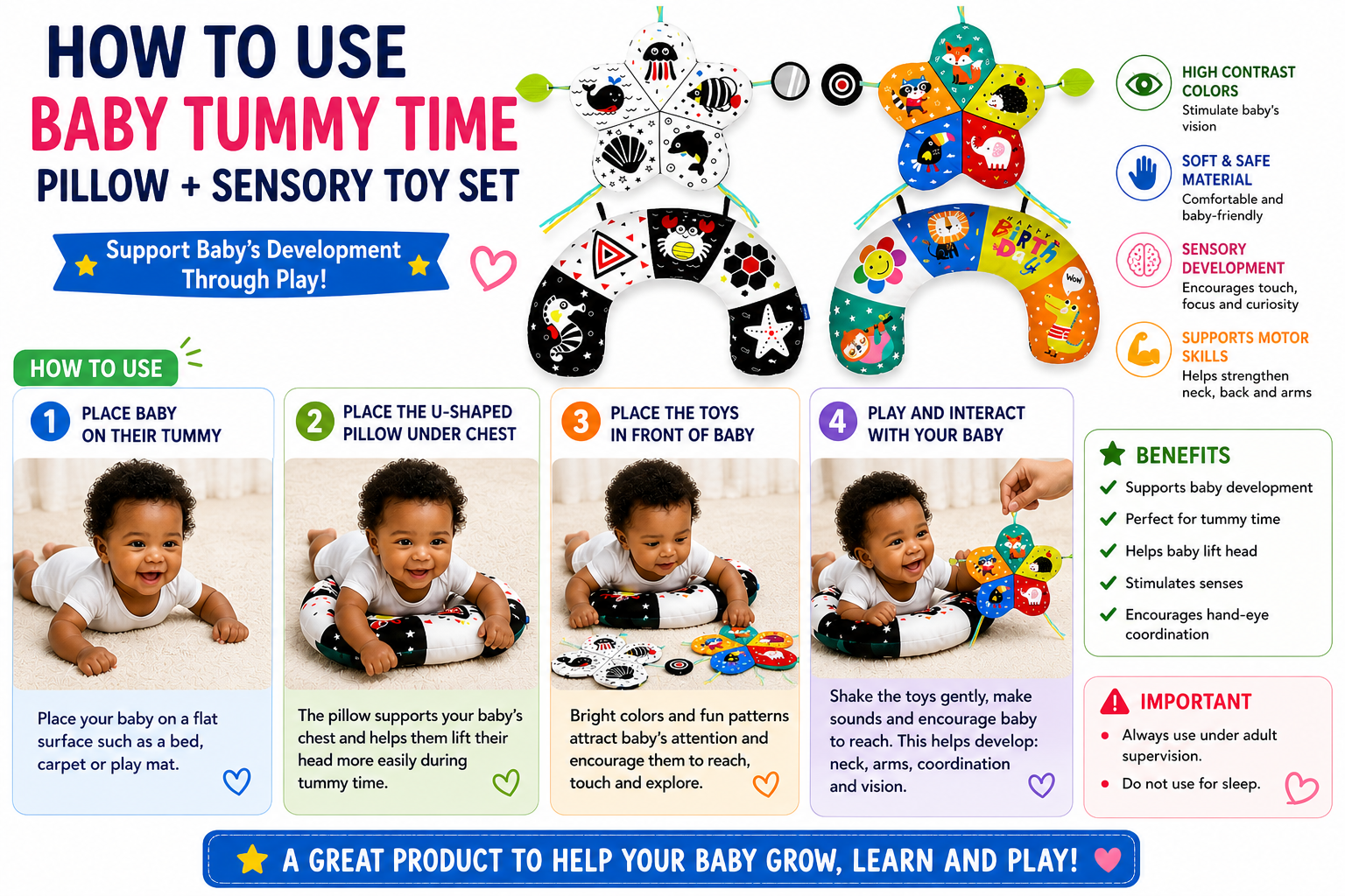 Baby Tummy Time Pillow & Sensory Toy Set