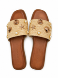 Wild Diva Seashell Pearl Raffia Slide Sandals