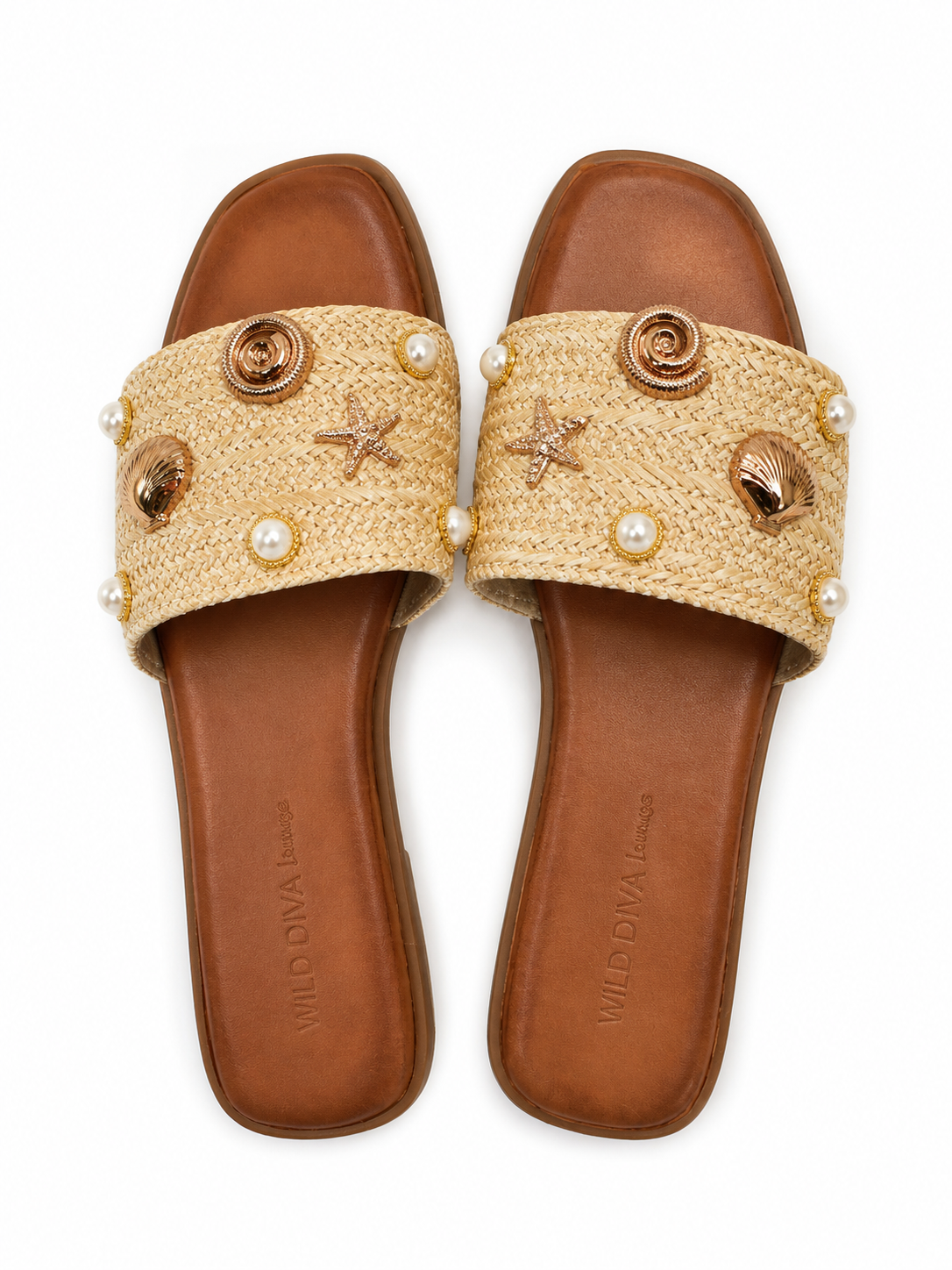 Wild Diva Seashell Pearl Raffia Slide Sandals