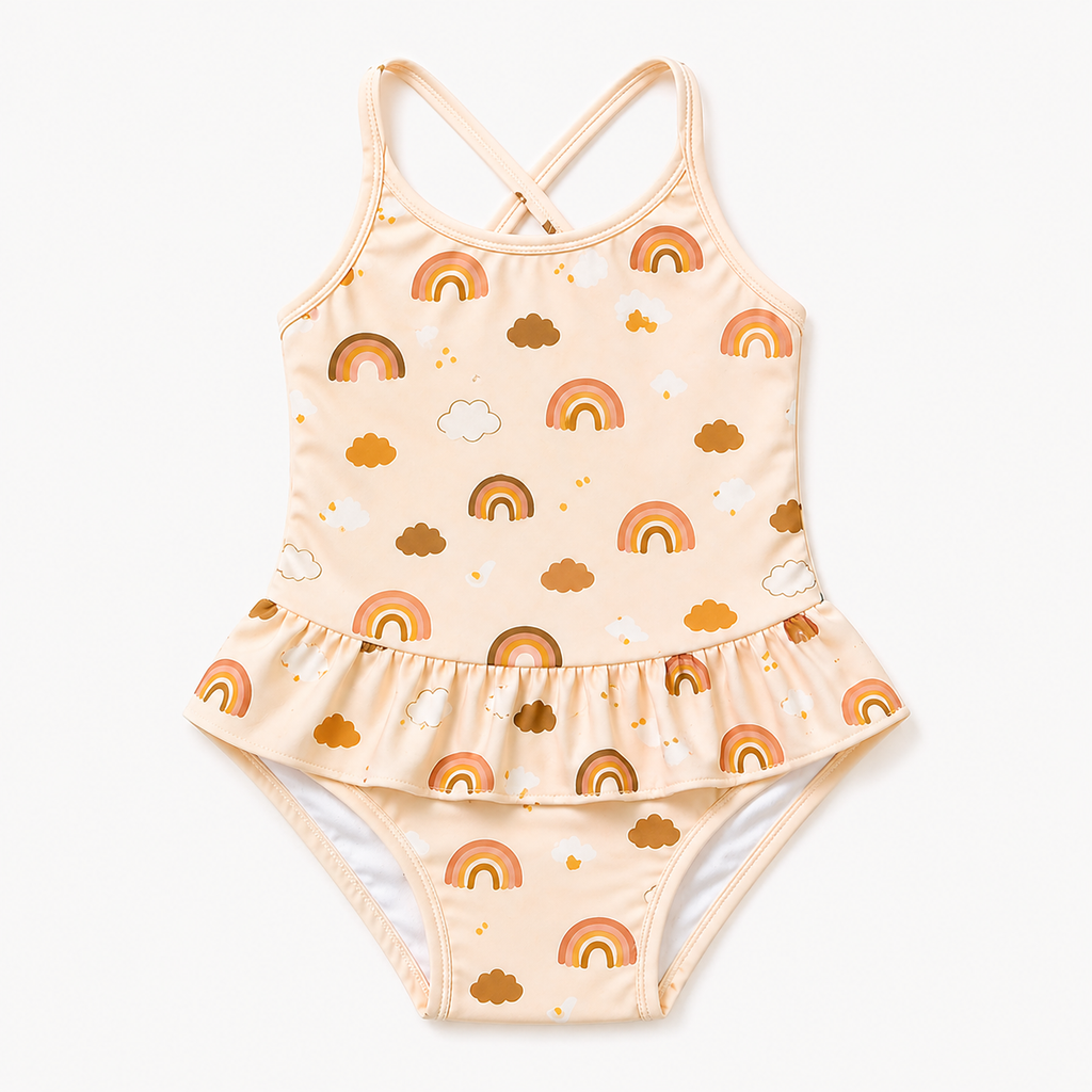 Baby Girl Swimsuit 2PCS Set with Hat – Ruffle One Piece Rainbow & Floral Print (0-24M)