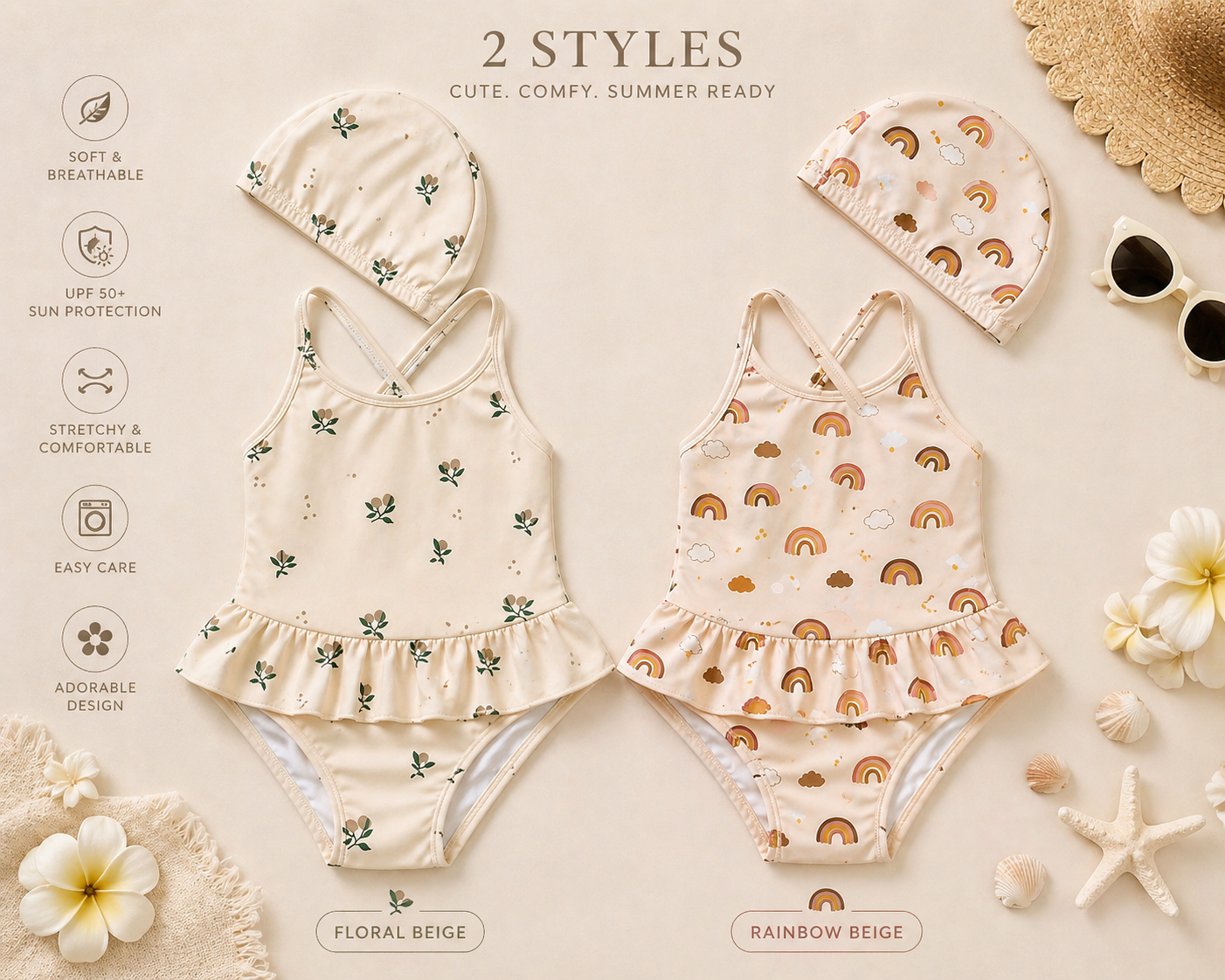 Baby Girl Swimsuit 2PCS Set with Hat – Ruffle One Piece Rainbow & Floral Print (0-24M)