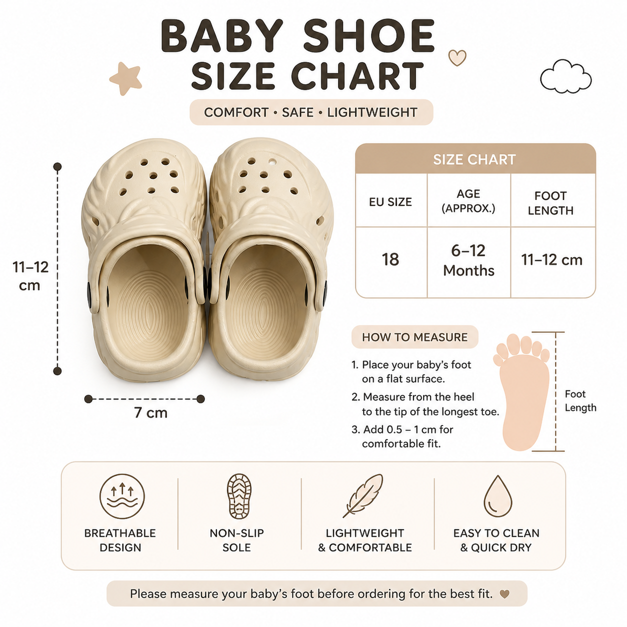 Baby Clogs Sandals Non-Slip Soft Toddler Shoes Breathable Lightweight Kids Slip-On Size 18 (6–12M)