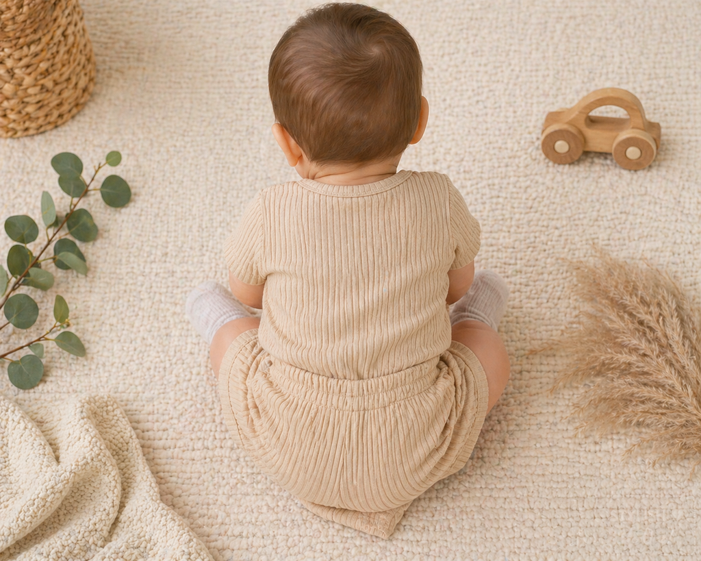 Unisex Baby Summer Outfit Set – Cotton Ribbed Top & Shorts (3-6M) – Beige