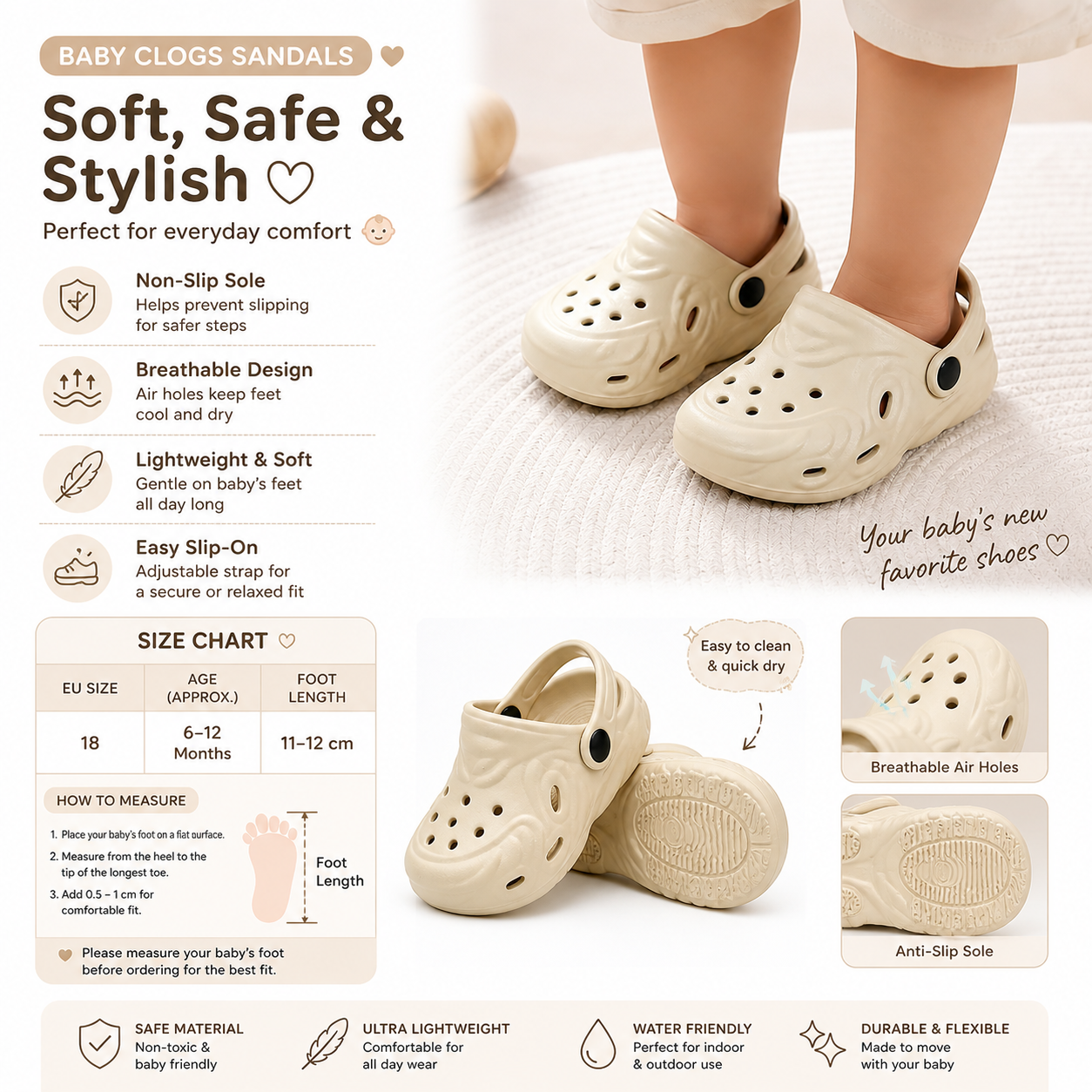 Baby Clogs Sandals Non-Slip Soft Toddler Shoes Breathable Lightweight Kids Slip-On Size 18 (6–12M)