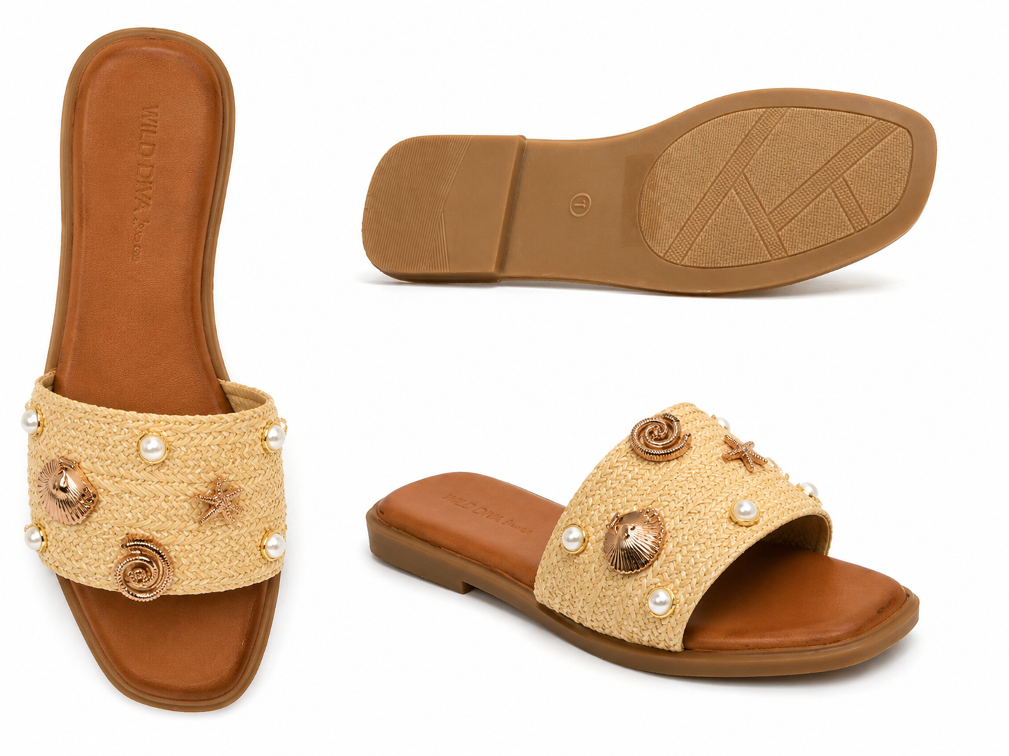 Wild Diva Seashell Pearl Raffia Slide Sandals
