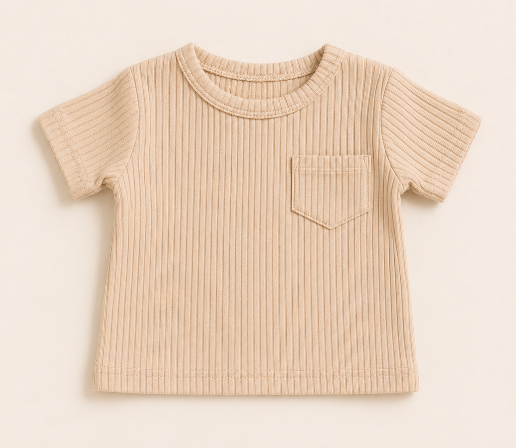 Unisex Baby Summer Outfit Set – Cotton Ribbed Top & Shorts (3-6M) – Beige