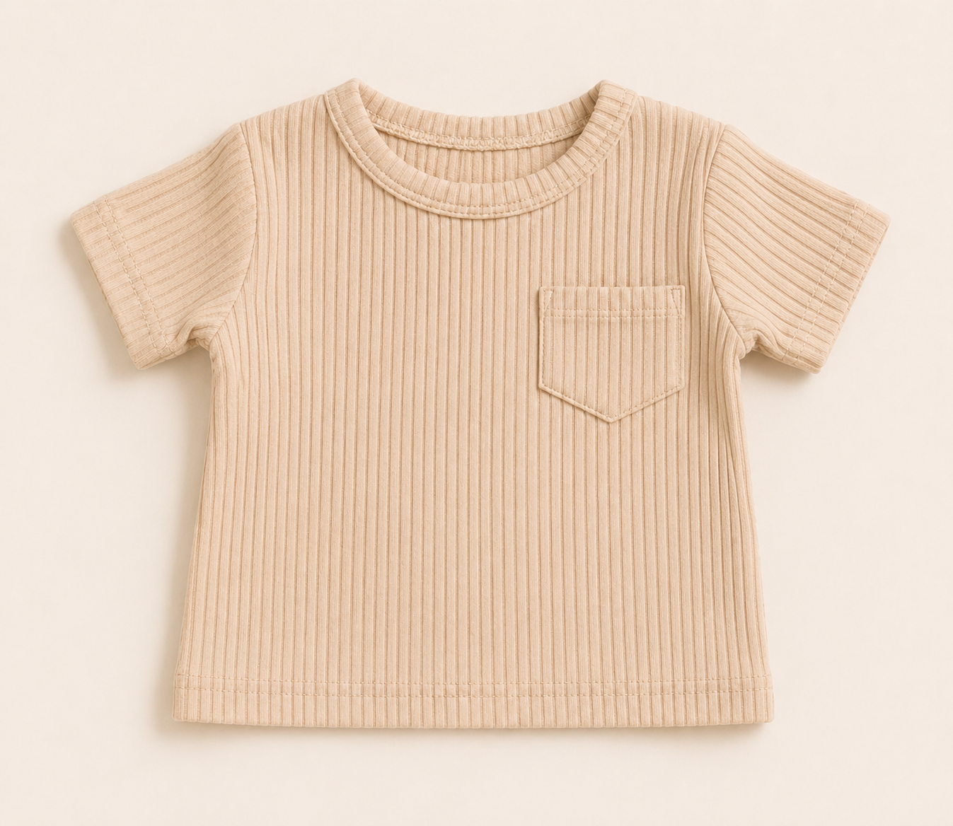 Unisex Baby Summer Outfit Set – Cotton Ribbed Top & Shorts (3-6M) – Beige