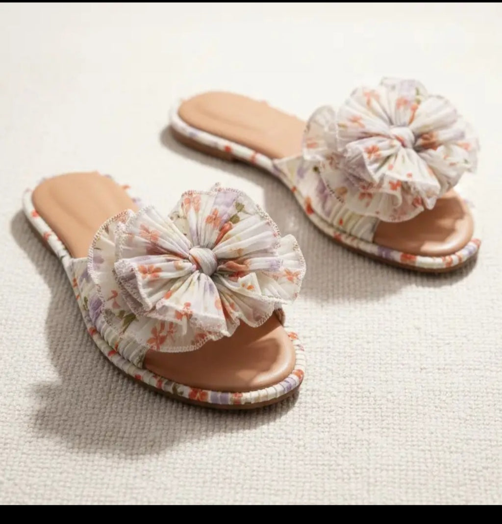 Floral Bow Slide Sandals for Women – Lightweight Summer Flat Sandals